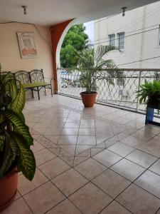 a patio with potted plants and benches on a balcony at Green Monkey Hostel in Flores