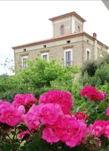 un ramo de flores rosas delante de un edificio en Agriturismo CapoCasale, en Santa Barbara