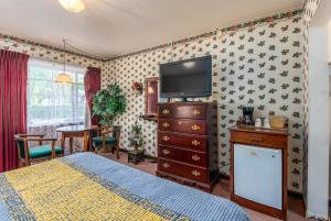 a bedroom with a bed and a tv on a wall at Parkway Inn in Waynesville
