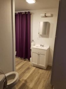 baño con lavabo, aseo y cortinas moradas en Unity House en Golconda