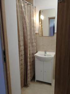 a bathroom with a sink and a shower curtain at NOCLEGI u ALI in Wałbrzych