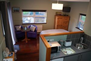 a kitchen with a sink and a microwave on a counter at Mountainview in Ballyward