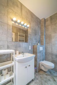 a bathroom with a white sink and a toilet at Apartament Rodzinny Plus Mountain Aparts in Świeradów-Zdrój