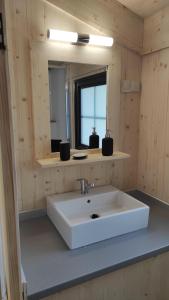 a bathroom with a white sink and a mirror at Lacustra Cabanes accessibles en canoé et Chalets tout confort in Flayat
