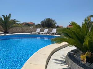 a swimming pool with two lawn chairs and palm trees at Apartments Albatross in Novalja
