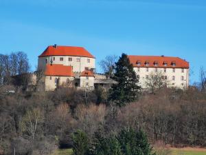 un gran edificio blanco con techo rojo en una colina en Ferienwohnung Brigitte, en Reichelsheim