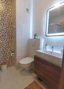 a bathroom with a toilet and a sink and a mirror at Design Apartment at CITY QUART in Podgorica