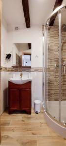 a bathroom with a sink and a shower at Lindenhaus in Sibiu