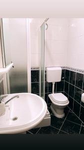 a bathroom with a toilet and a sink at Blue Sky Apartments in Slatine