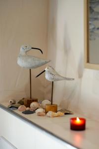 two birds on display on a counter with a candle at Ferienhaus Eifel 1851 in Gipperath