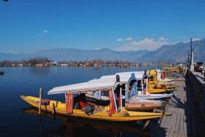 un groupe de bateaux est amarré à un quai dans l'établissement Umbrella group of House Boat, à Srinagar