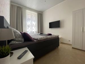 um quarto com uma cama e uma televisão na parede em Apartment In der Hohen em Quedlinburg