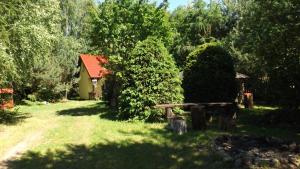 a garden with a bench and a small house at Gospodarstwo Agroturystyczne na Mazurach in Jerutki