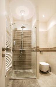 a bathroom with a glass shower with a toilet at NN Apartman Budapest in Budapest