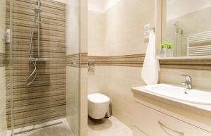La salle de bains est pourvue de toilettes, d'un lavabo et d'une douche. dans l'établissement NN Apartman Budapest, à Budapest