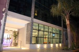 a building with a palm tree in front of it at Hotel Identidad in Corrientes