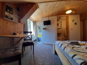 een slaapkamer met een bed en een bureau in een kamer bij FeWo Bockmühle in Hohnstein