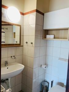 W łazience znajduje się umywalka, toaleta i lustro. w obiekcie Harmónia Vendégház w Miskolc-Tapolca