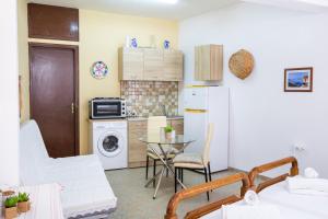 Sellai House في Olympos: مطبخ صغير مع طاولة وثلاجة