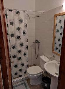 a bathroom with a toilet and a shower curtain at San Marco Guesthouse in Kattavía