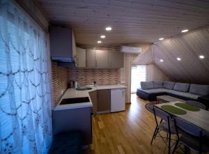 eine Küche und ein Wohnzimmer mit einem Sofa und einem Tisch in der Unterkunft Kėdainiai Old town apartment in Kėdainiai