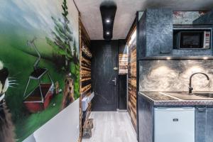- une cuisine avec un évier et des peintures murales dans l'établissement Le Tête Pied Centre/Télécabine Saint-Gervais, à Saint-Gervais-les-Bains