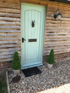 a green door on a house with two plants at Little Banks Barn in Ringwood