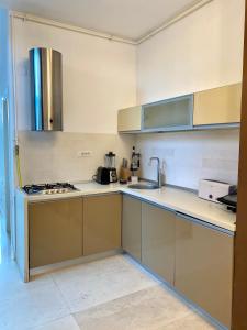 eine Küche mit weißen Arbeitsflächen und Küchengeräten aus Edelstahl in der Unterkunft Olimp apartment with terrace in Neptun