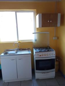 a kitchen with a stove and a sink at Cabaña familiar Rio negro, chile in Río Negro