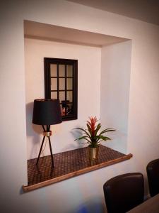 a mirror on a wall with a lamp and a plant at The Gun at Ridsdale in Ridsdale