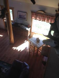 
a dog sitting on a chair in a living room at Montana's Duck Lake Lodge in Babb
