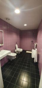 a pink bathroom with a sink and a toilet at PIO XII - ALOJAMENTO LOCAL in Ponta Delgada