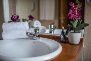 埃爾謝戈的住宿－埃西耶格別墅酒店，浴室设有水槽、镜子和鲜花