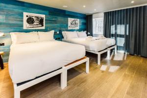 2 camas en una habitación con paredes azules en Stay Central Hotel, en Edimburgo