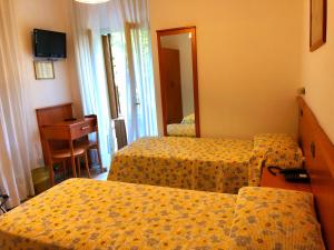 ヴェローナにあるホテル サンミケーリのベッド2台と鏡が備わるホテルルームです。