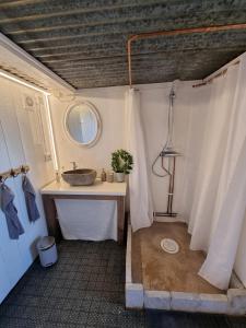 a small bathroom with a sink and a sink at Ekereds Gårdsstuga in Dalstorp +29 photos