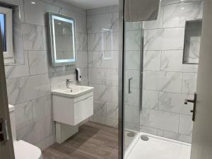 a bathroom with a shower and a sink and a toilet at Holtwhites Hotel in Enfield