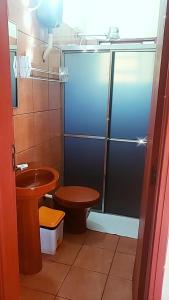 a bathroom with a toilet and a sink and a shower at Associação Sabesp Cardoso - SP in Cardoso