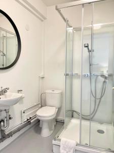 a bathroom with a shower and a toilet and a sink at Day Dream Townhall Square Apartments in Akureyri