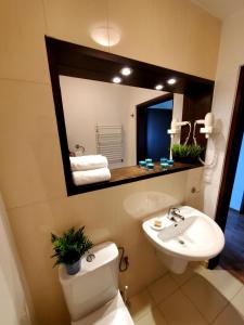 a bathroom with a sink and a toilet and a mirror at Apartament Węgorzewo przy porcie in Węgorzewo