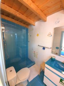 a bathroom with a shower and a toilet and a sink at Little Suite in Comporta