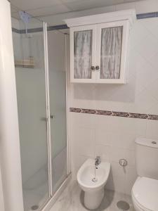 a white bathroom with a shower and a toilet at Apartamento Nao Victoria in Sanlúcar de Barrameda