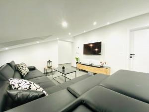 a living room with a couch and a flat screen tv at Apartma Teja-Dekani in Dekani