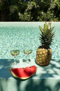 a pineapple and two glasses of wine and a slice of watermelon at Majestic Villa-Apartments in Darmarochori