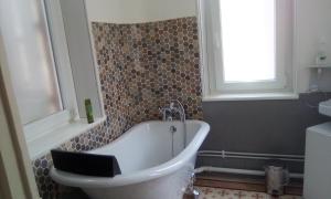 a bathroom with a tub and a window and a sink at Manoir de la Saône in Seurre