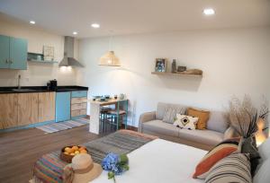 Una sala de estar con un sofá y una cocina. en Casa de Caneiro, en Cabeceiras de Basto