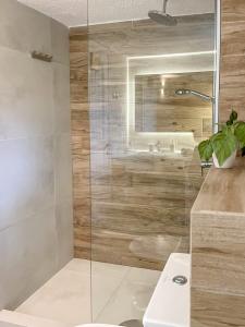 a bathroom with a shower and a toilet and a sink at Villa Irini in Sani in Sani Beach