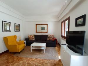 ein Wohnzimmer mit einem Sofa und einem TV in der Unterkunft Easo Terrace Apartment free private parking and air conditioning in San Sebastián