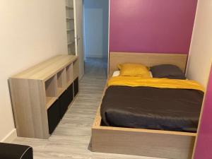 ein kleines Schlafzimmer mit einem Bett und einem Schrank in der Unterkunft Chambres chez l'habitant Hermès à Blagnac in Blagnac