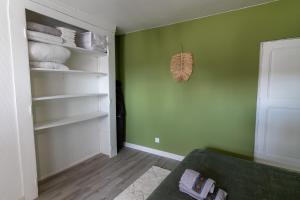 Cette chambre comprend un placard avec des murs verts et un canapé. dans l'établissement DUPLEX LE SAINT JEAN, à Saumur